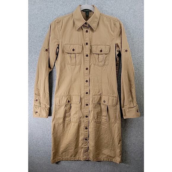 Lauren Jeans Co RALPH LAUREN Womens Sz 2 Dress Cotton Safari Tan Roll Tabs Belt - Picture 2 of 16